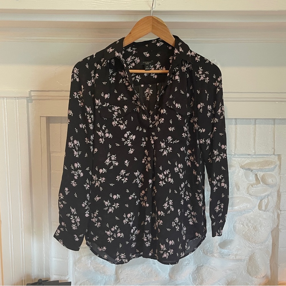 Ann Taylor Factory Sheer Floral V-neck Collared Blouse